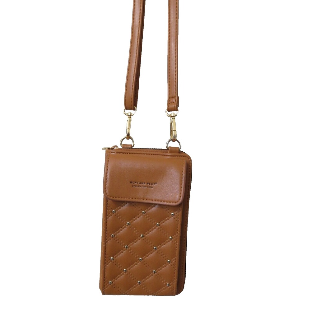 Montana West Small Crossbody Cell Phone‎ Wallet Brown Stud Leather Clutch Bag